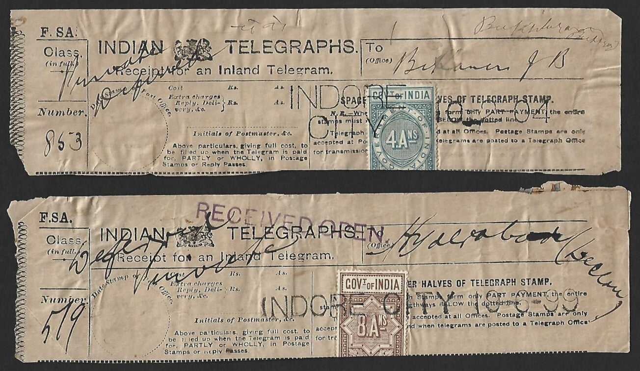 India 1904 telegraph receipts with 1882 QV telegraph stamps canc. INDORE / CITY