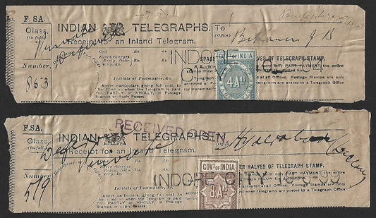 India 1904 telegraph receipts with 1882 QV telegraph stamps canc. INDORE / CITY