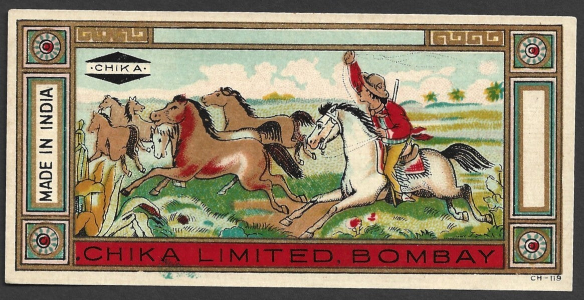 India 1930s-40s vintage textile dye label Chika, Bombay - RUNNING HORSES