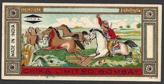 India 1930s-40s vintage textile dye label Chika, Bombay - RUNNING HORSES