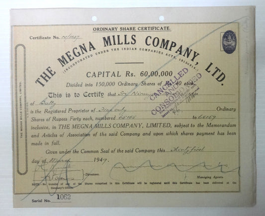 India 1949 Megna Mills share certificate