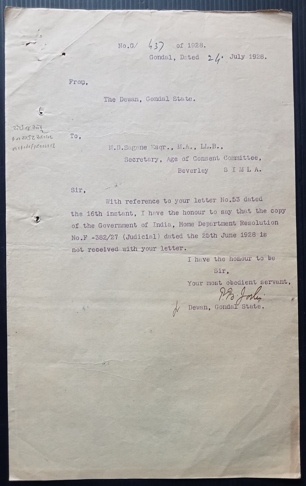 India 1928 official Correspondence re: raising the age of sexual consent to 14