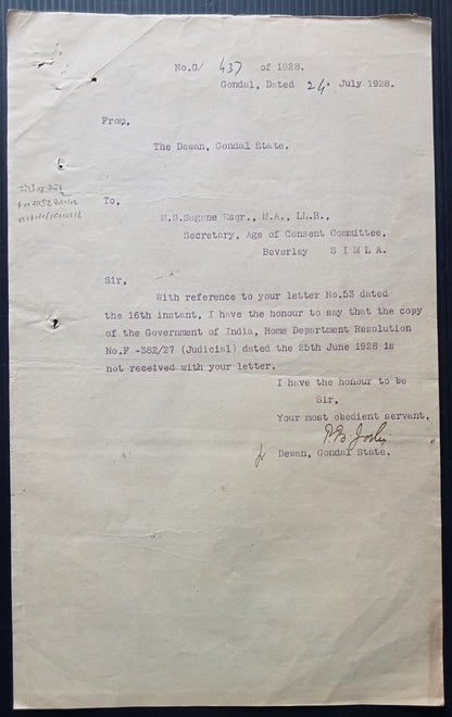 India 1928 official Correspondence re: raising the age of sexual consent to 14