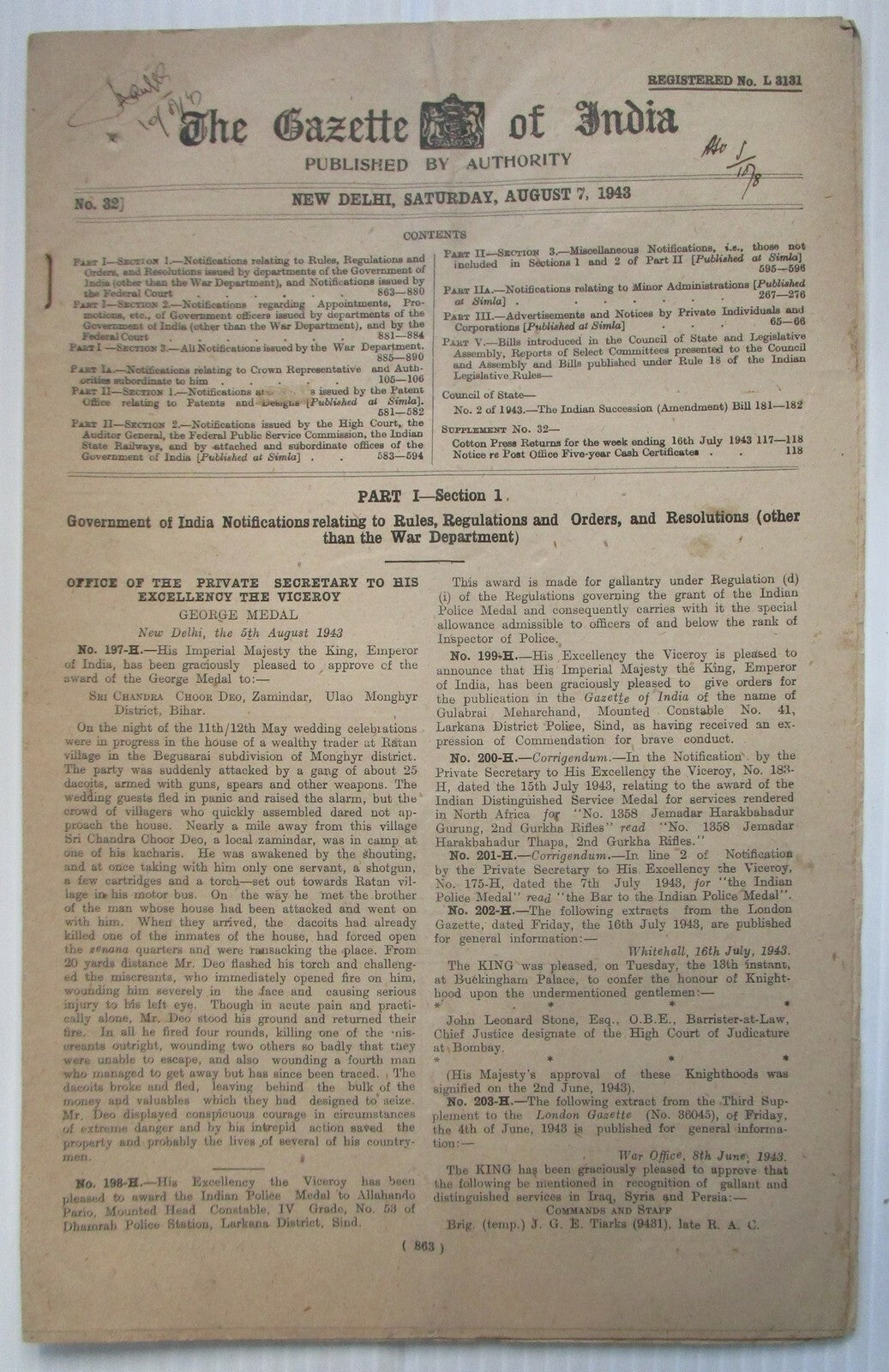 The Gazette of India 1943 issues (10)