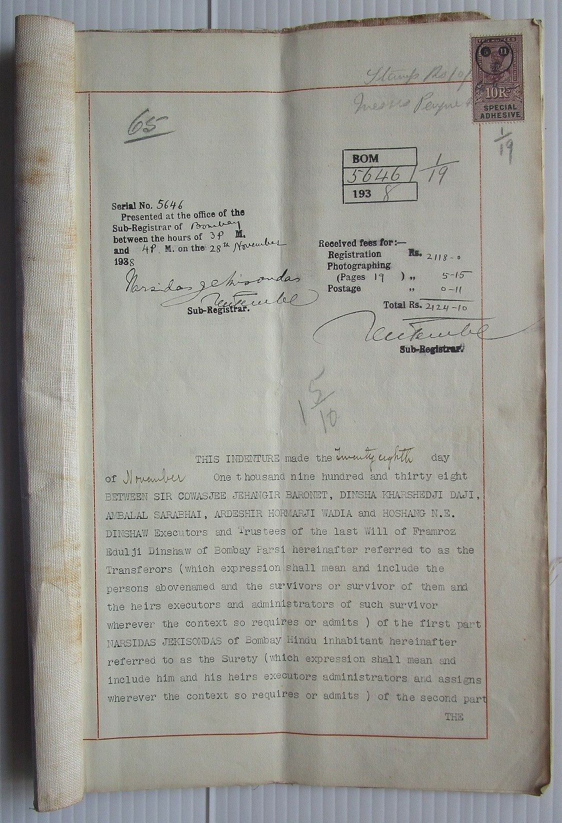 India 1938 doc signed Ambalal Sarabai freedom fighter Cowasjee Jehangir Baronet