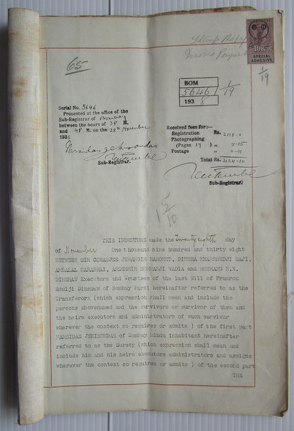 India 1938 doc signed Ambalal Sarabai freedom fighter Cowasjee Jehangir Baronet