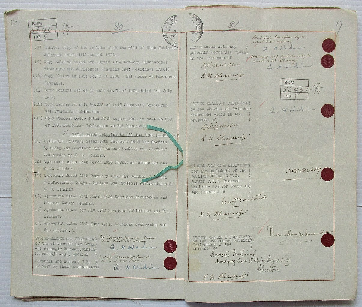 India 1938 doc signed Ambalal Sarabai freedom fighter Cowasjee Jehangir Baronet