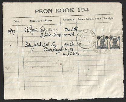 India KGVI 3p pair on PEON LIST canc THAKURGAON (Dinajpur) 6 JUN 47