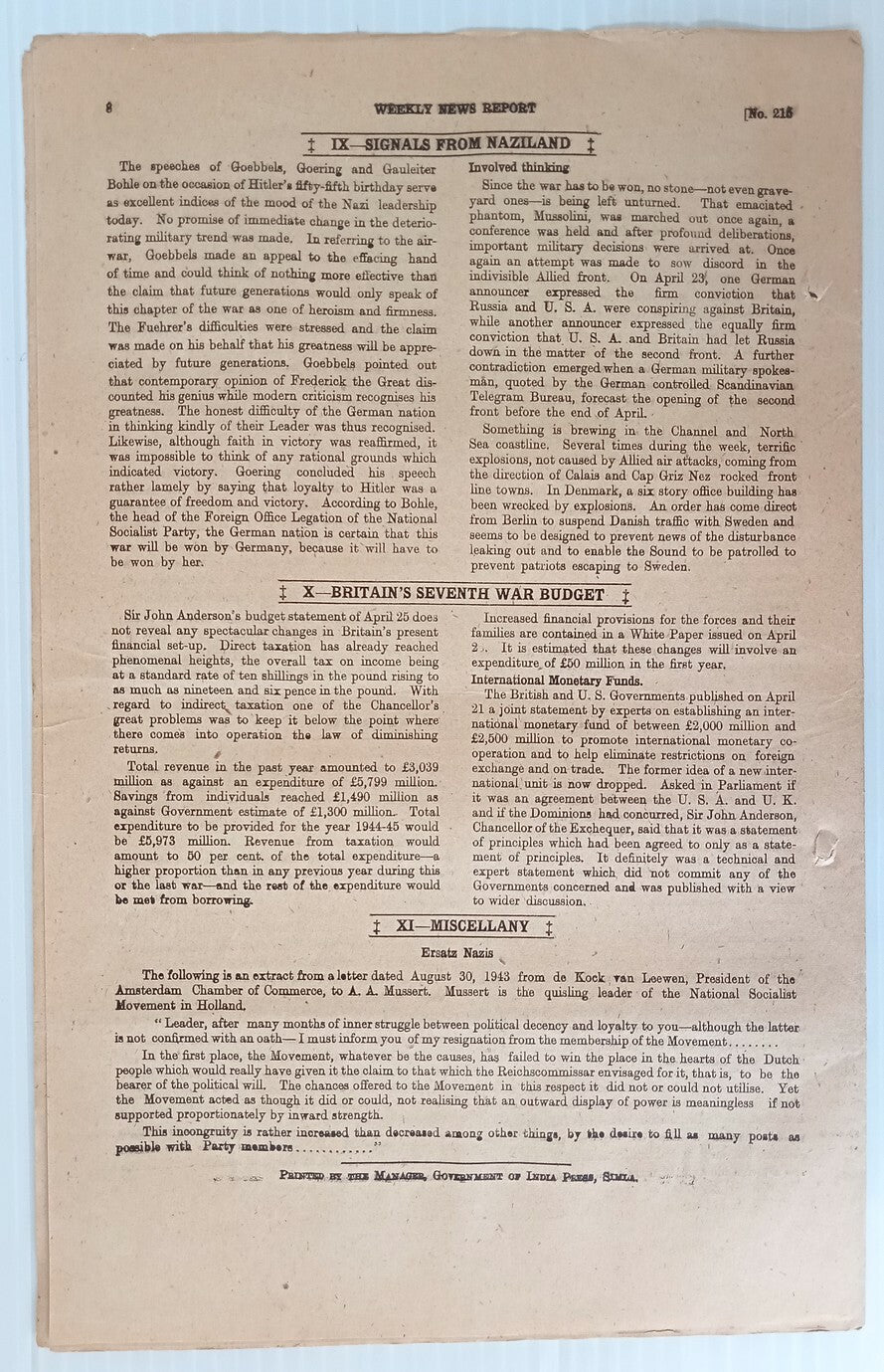 AOP India WW2 War News Weekly 1944 SIGNALS FROM NAZILAND 8pgs