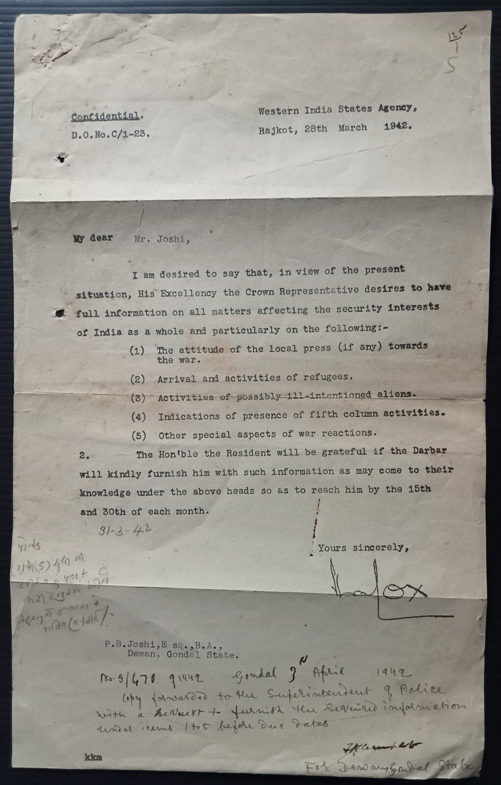 India WW2 1942 Questionnaire re: ILL INTENTIONED ALIENS 5TH COLUMNISTS