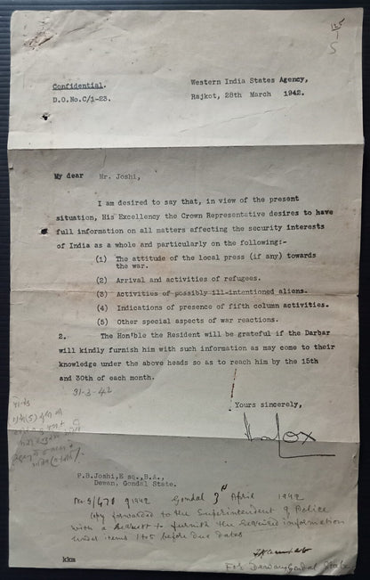 India WW2 1942 Questionnaire re: ILL INTENTIONED ALIENS 5TH COLUMNISTS