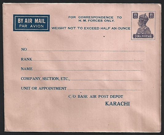 India WW2 KGVI 8a Karachi Military envelope for correspondence to H M Forces