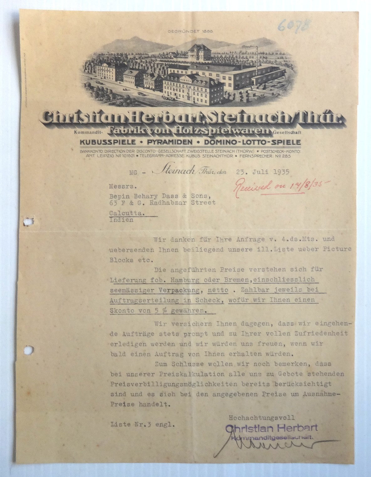 Germany CH Steinach Wooden Toys Factory 1935 illustrated letterhead to India