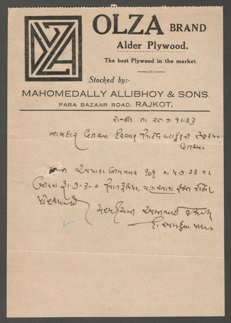 AOP India 1933 letterhead OLZA BRAND ALDER PLYWOOD Rajkot