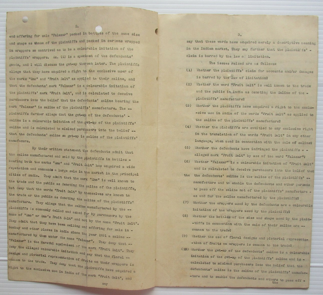 India 1940 31pg doc Eno Fruit Salts vs impositor KGV Court Fees 20R (3), 5R