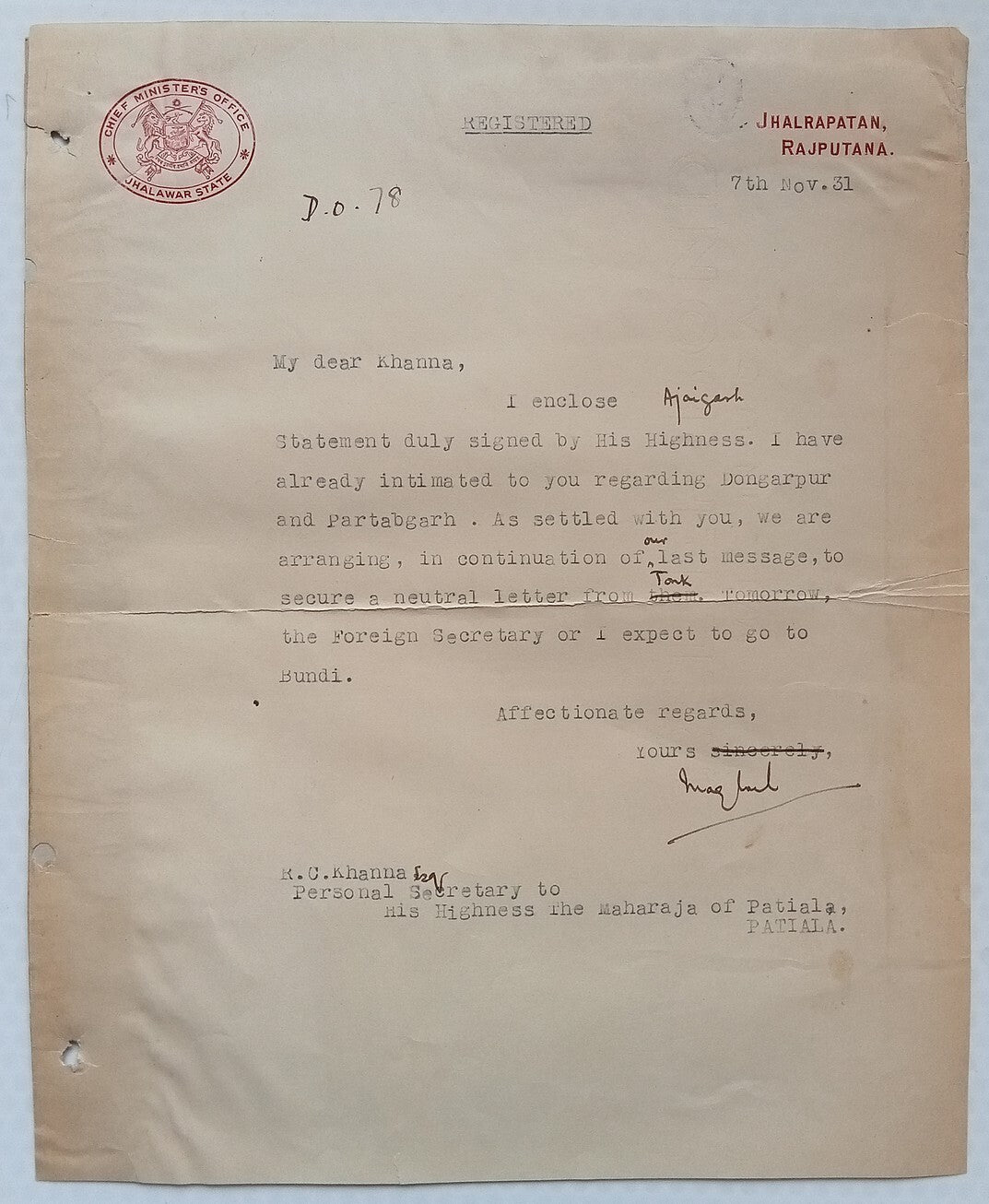 JHALAWAR STATE CHIEF MINISTER'S OFFICE signed crested letter 1931 India