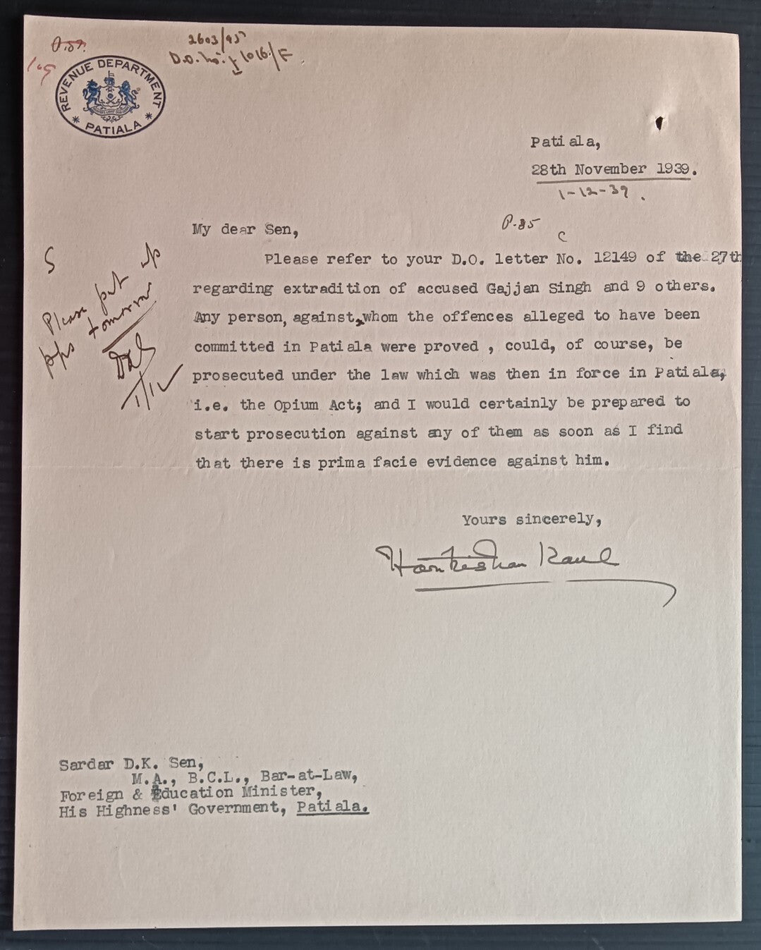 India REVENUE DEPARTMENT * PATIALA 1939 crested letter re: Opium Act prosecution