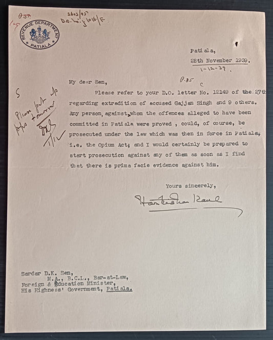 India REVENUE DEPARTMENT * PATIALA 1939 crested letter re: Opium Act prosecution