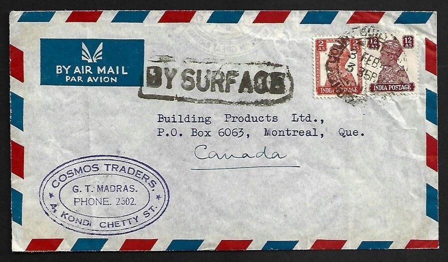 AOP India KGVI cover paid 14a to Canada with large crude boxed BY SURFACE