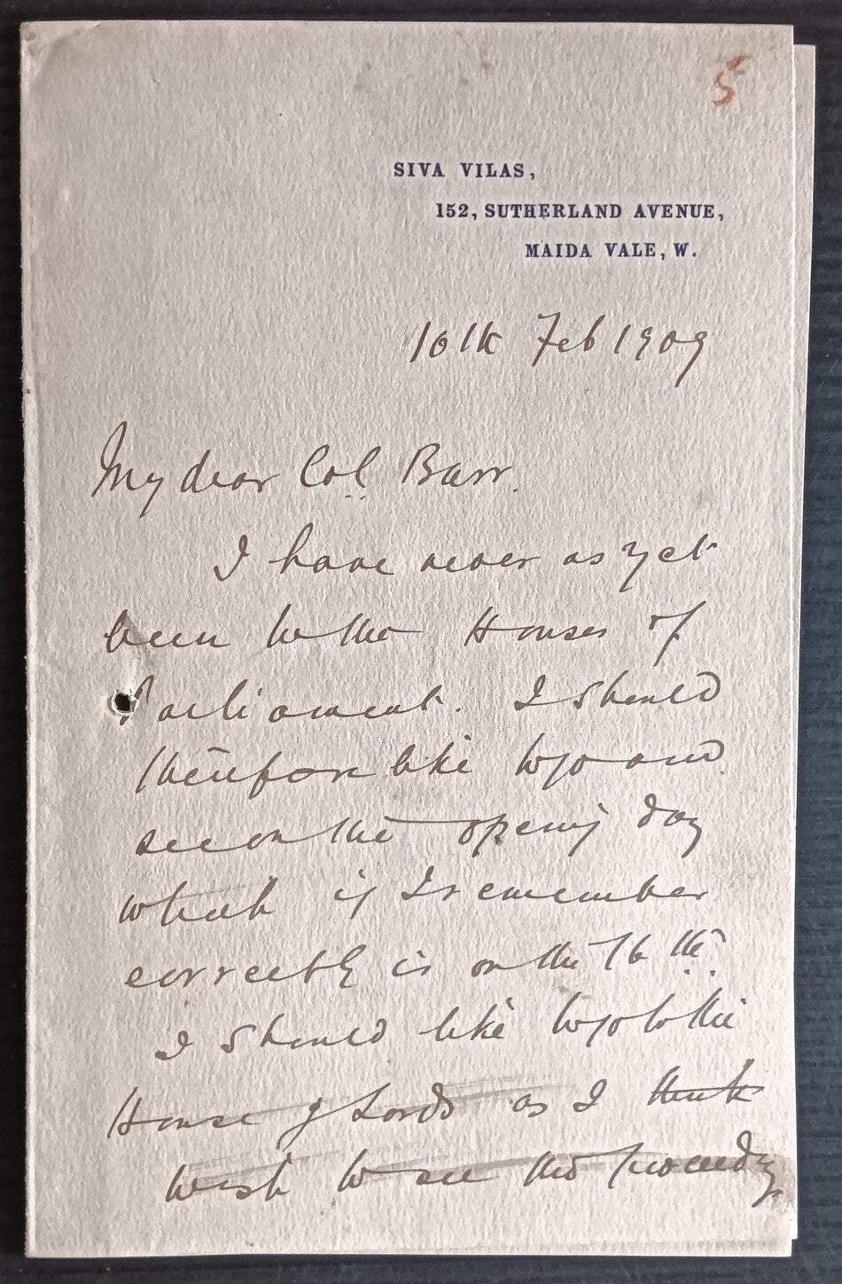 India 1909 letter from London signed Khase Saheb, Maharaja Dewas Junior
