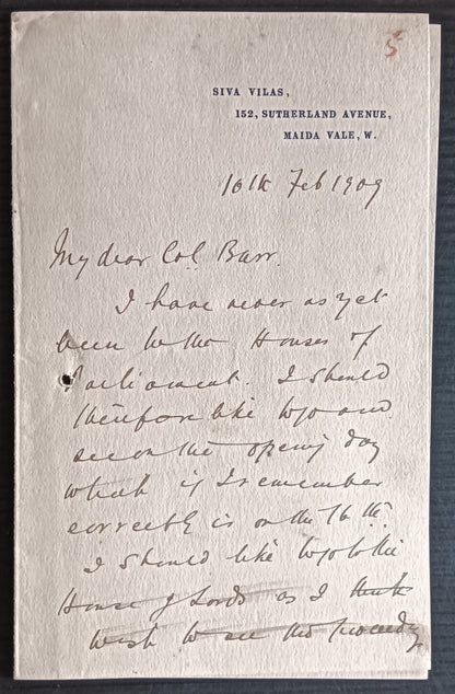 India 1909 letter from London signed Khase Saheb, Maharaja Dewas Junior