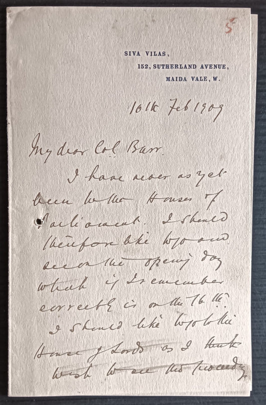 India 1909 letter from London signed Khase Saheb, Maharaja Dewas Junior