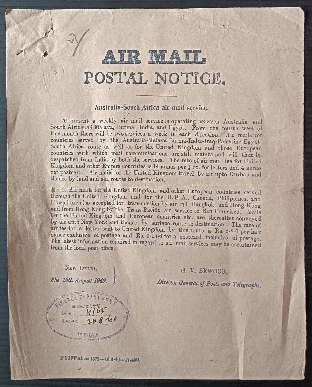 India 1921 AIRMAIL POSTAL NOTICE Australia South Africa Air Mail Service