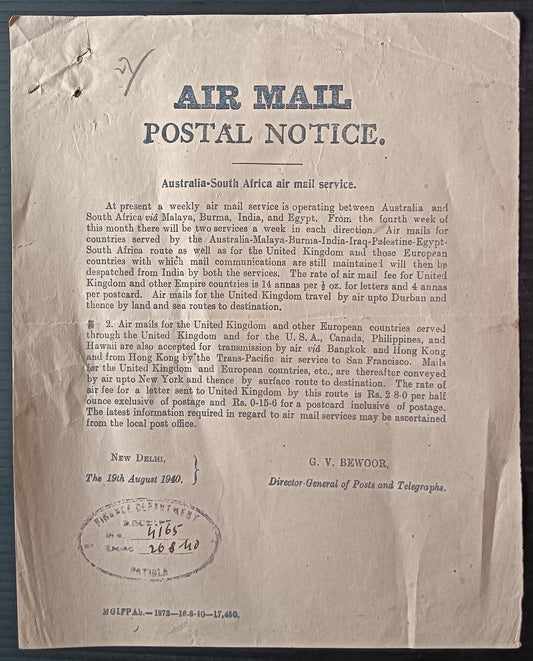 India 1921 AIRMAIL POSTAL NOTICE Australia South Africa Air Mail Service