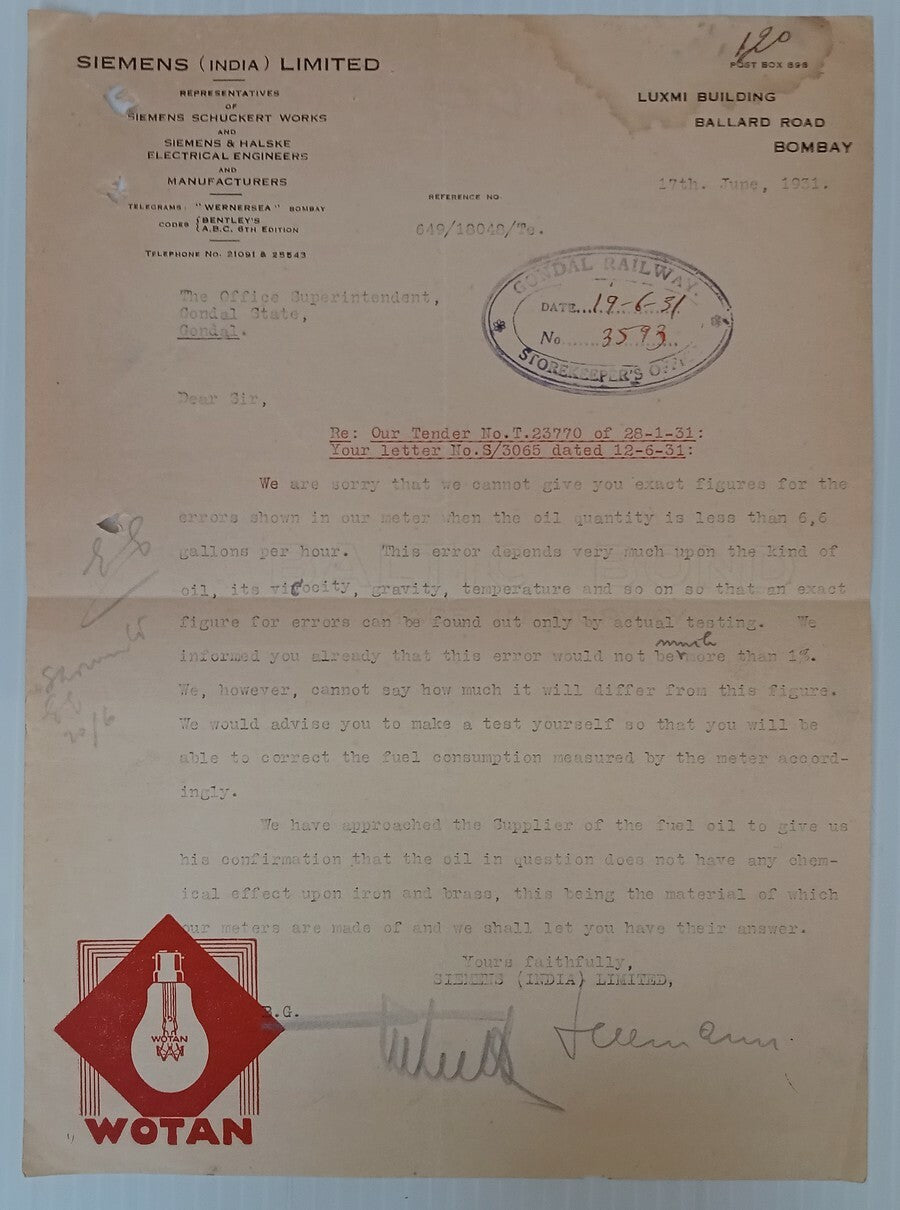 AOP Siemens Wotan Lamp Bombay 1931 illustrated letterhead India