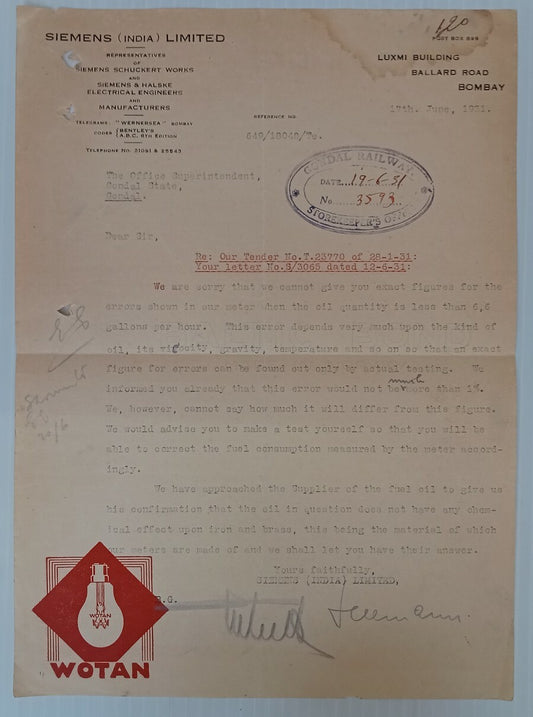 AOP Siemens Wotan Lamp Bombay 1931 illustrated letterhead India