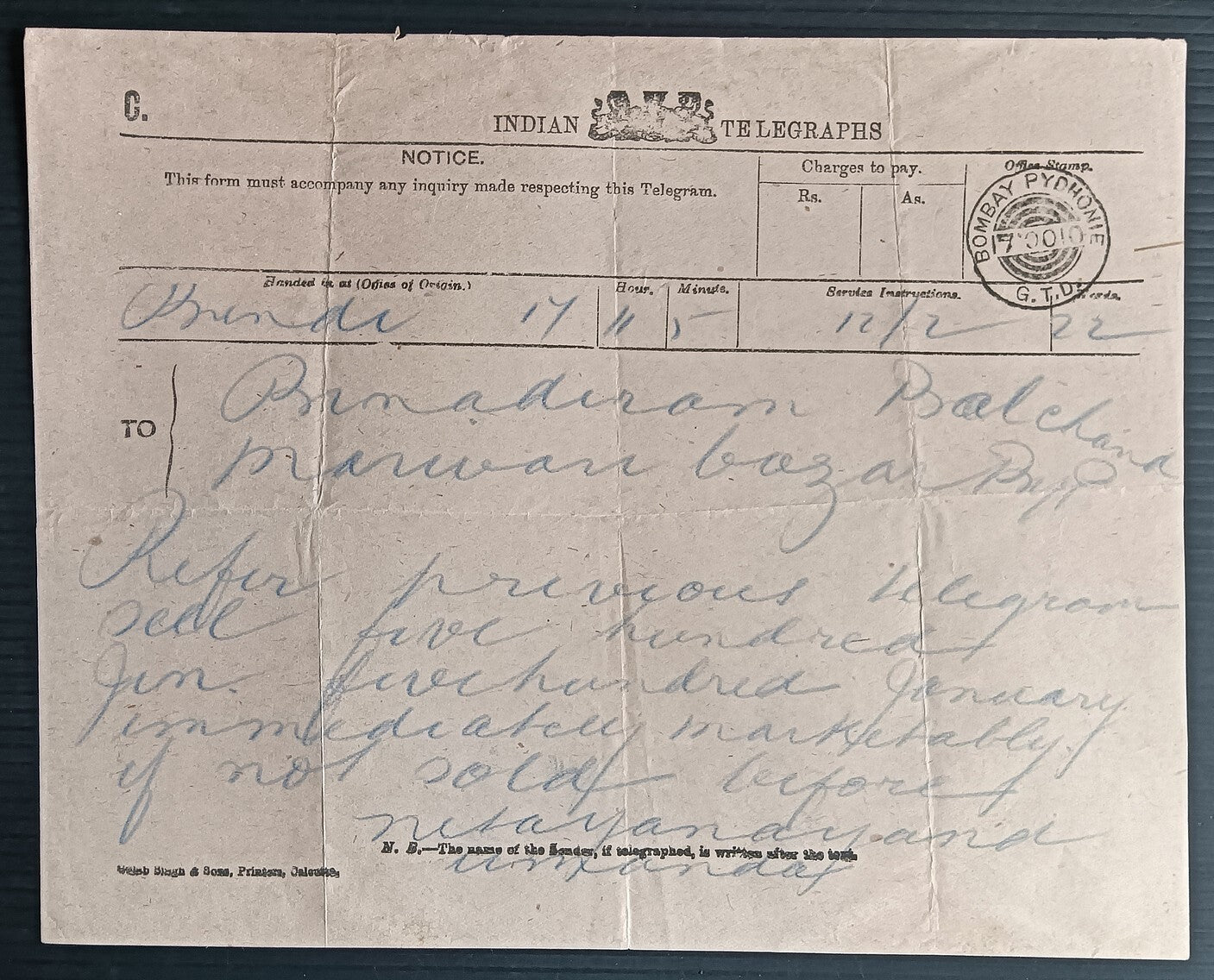 India 1903-10 used telegraph forms (5)