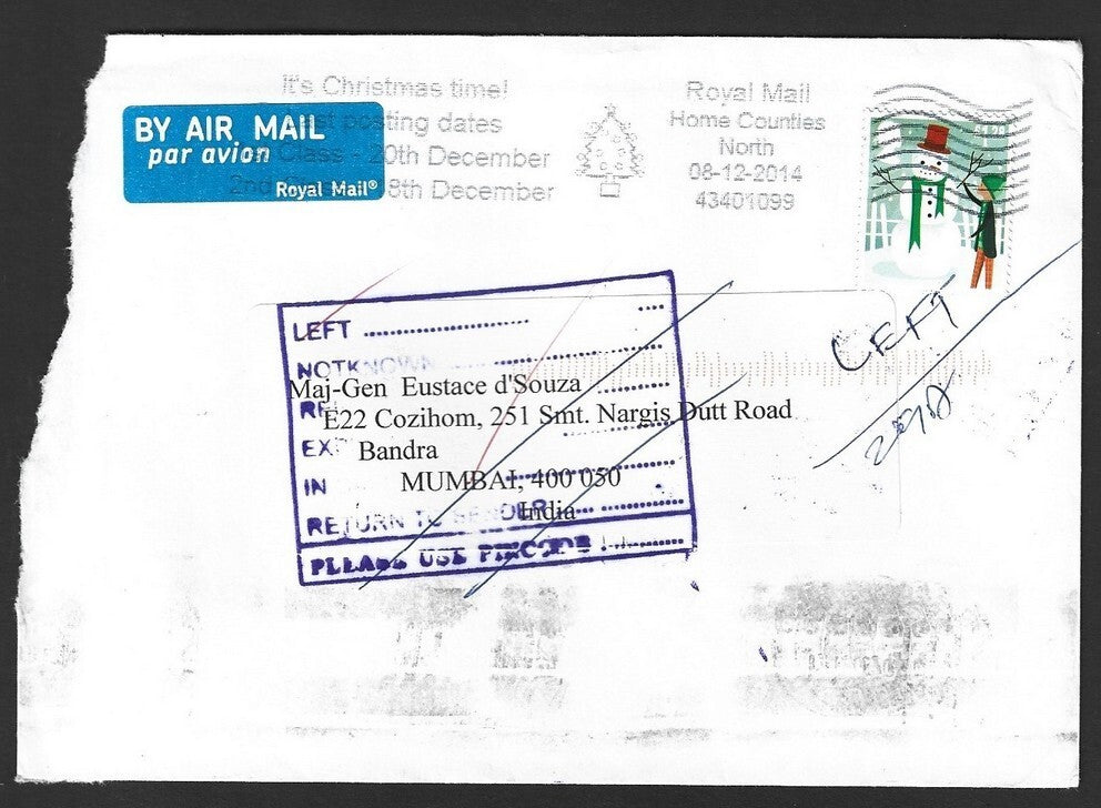 GB £1.28 Snowman single franked RTS cover to India