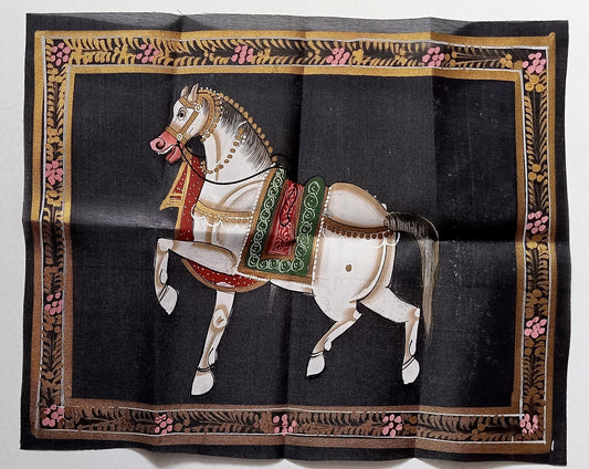 India vintage hand painting on cloth DECORATED HORSE 10 x 12 inches