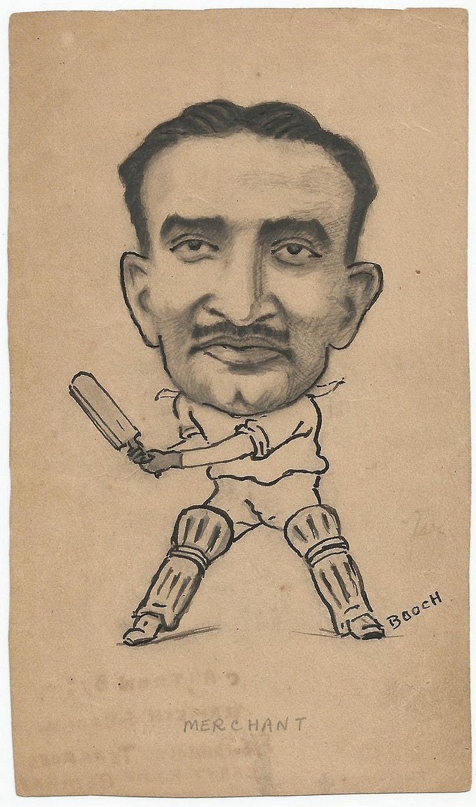 Cricket India 1946 England tour Vijay Merchant pen sketch by cartoonist Booch Ӝ