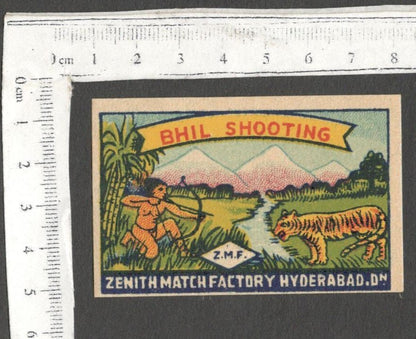 AOP India vintage matchbox label Bhil Shooting by Zenith Match Factory Hyderabad