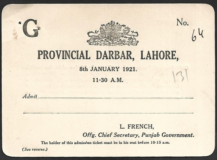 Duke of Connaught INDIA VISIT 1921 PROVINCIAL DURBAR, Lahore crested pass unused