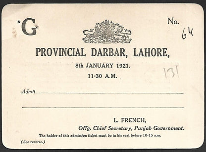Duke of Connaught INDIA VISIT 1921 PROVINCIAL DURBAR, Lahore crested pass unused