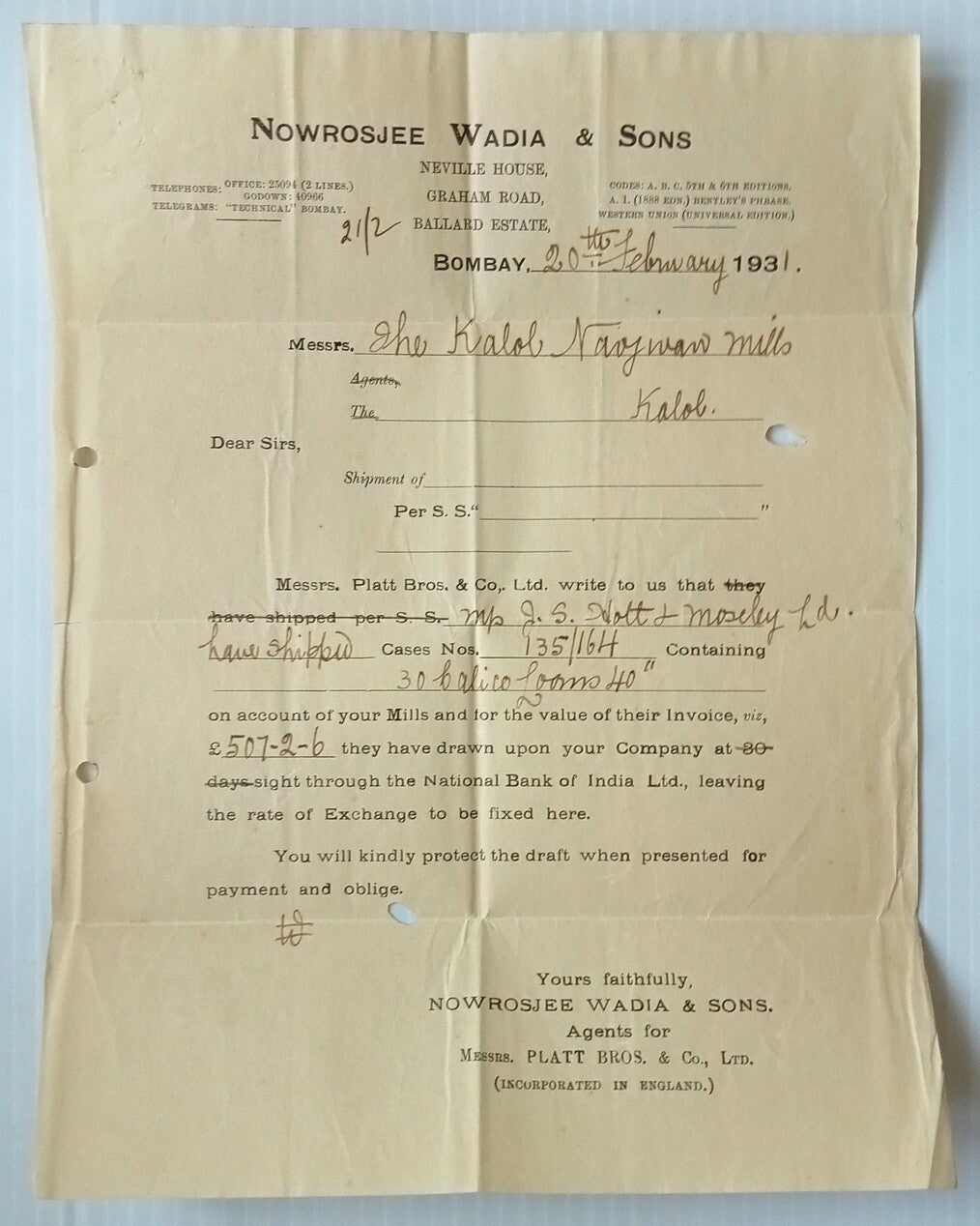 AOP Nawrosjee Wadia & Sons Bombay 1931 letterhead India