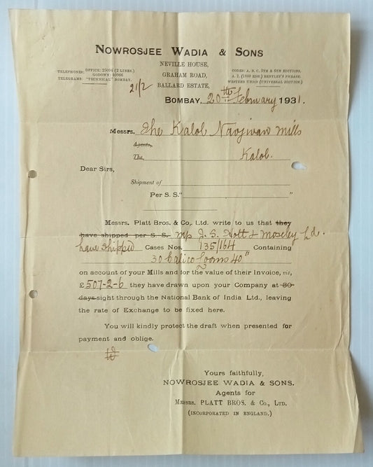 AOP Nawrosjee Wadia & Sons Bombay 1931 letterhead India