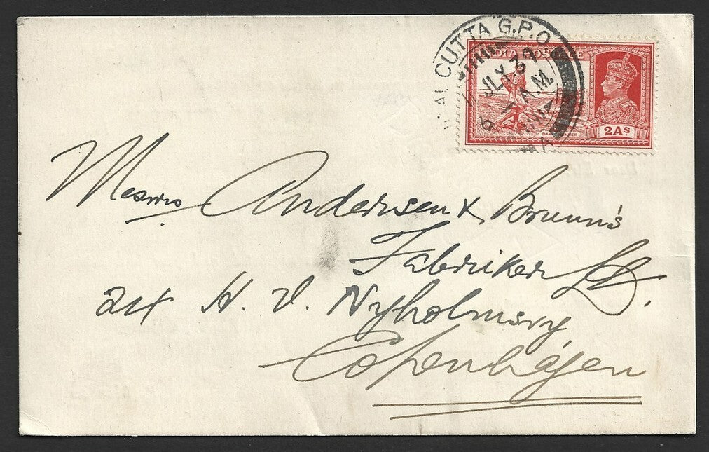 India KGVI 1937 2a Dak Runner on single franked postcard to Denmark