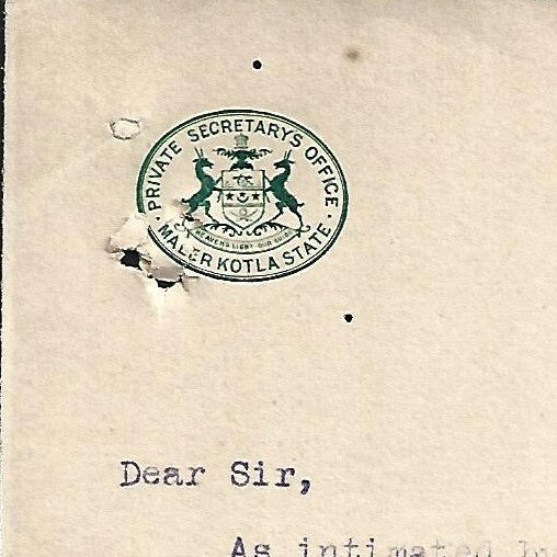 India 1919 crested letterhead PRIVATE SECRETARY'S OFFICE * MALER KOTLA STATE