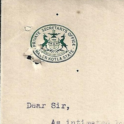 India 1919 crested letterhead PRIVATE SECRETARY'S OFFICE * MALER KOTLA STATE