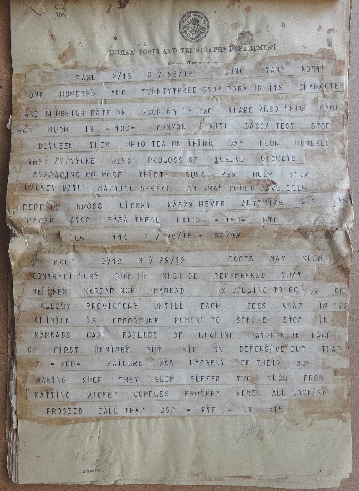 India 1955 CRICKET India Pakistan Test Match at Bahawalpur PRESS TELEGRAM 10 pgs