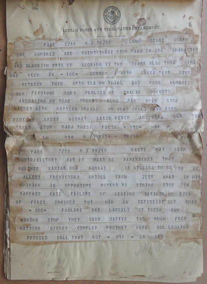 India 1955 CRICKET India Pakistan Test Match at Bahawalpur PRESS TELEGRAM 10 pgs