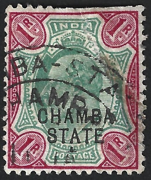 India Chamba State KEdVII 1R green & carmine used. SG 40 £45