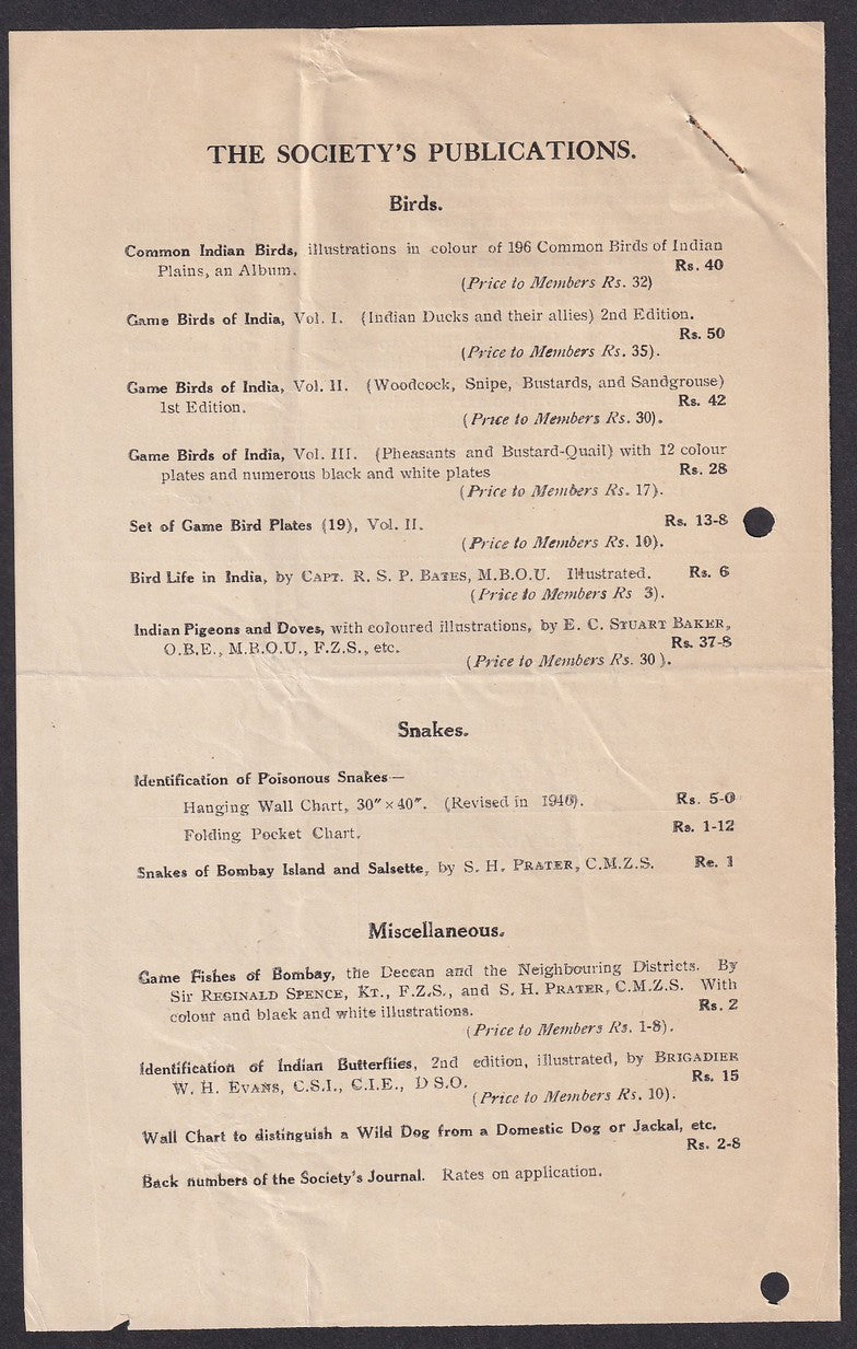 India BOMBAY NATURAL HISTORY SOCIETY ephemera