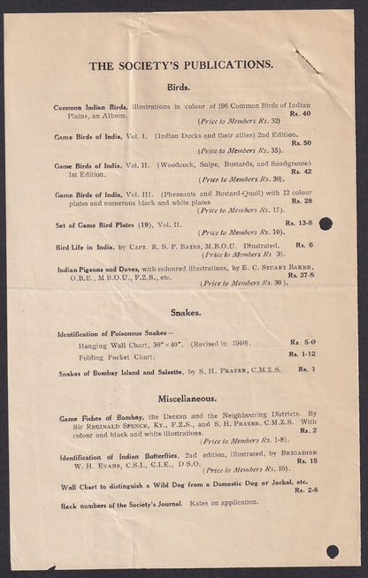 India BOMBAY NATURAL HISTORY SOCIETY ephemera