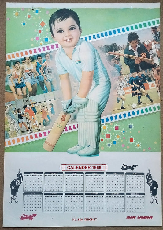 AIR INDIA 1969 poster calender 808 - CRICKET - R