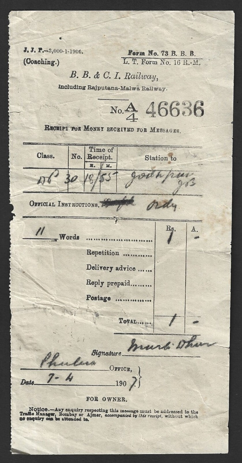 India 1907 B. B. & C. I. Railway Telegram receipt