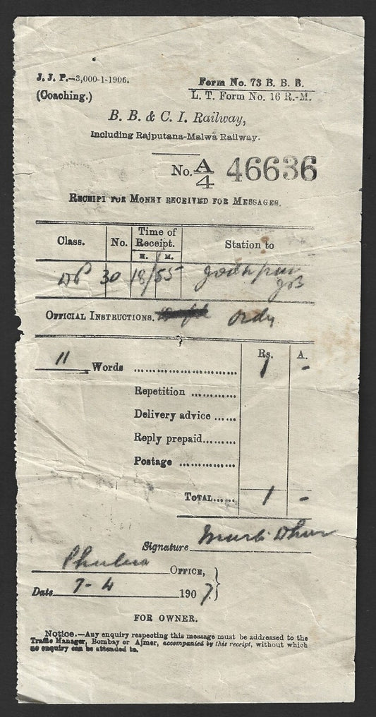 India 1907 B. B. & C. I. Railway Telegram receipt